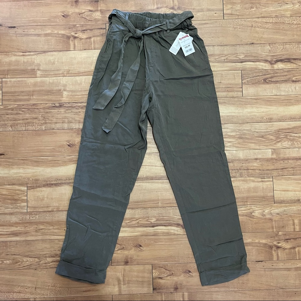 NWT Japna Olive Green Khaki Tie Waist Paperbag Cuffed Pants Medium